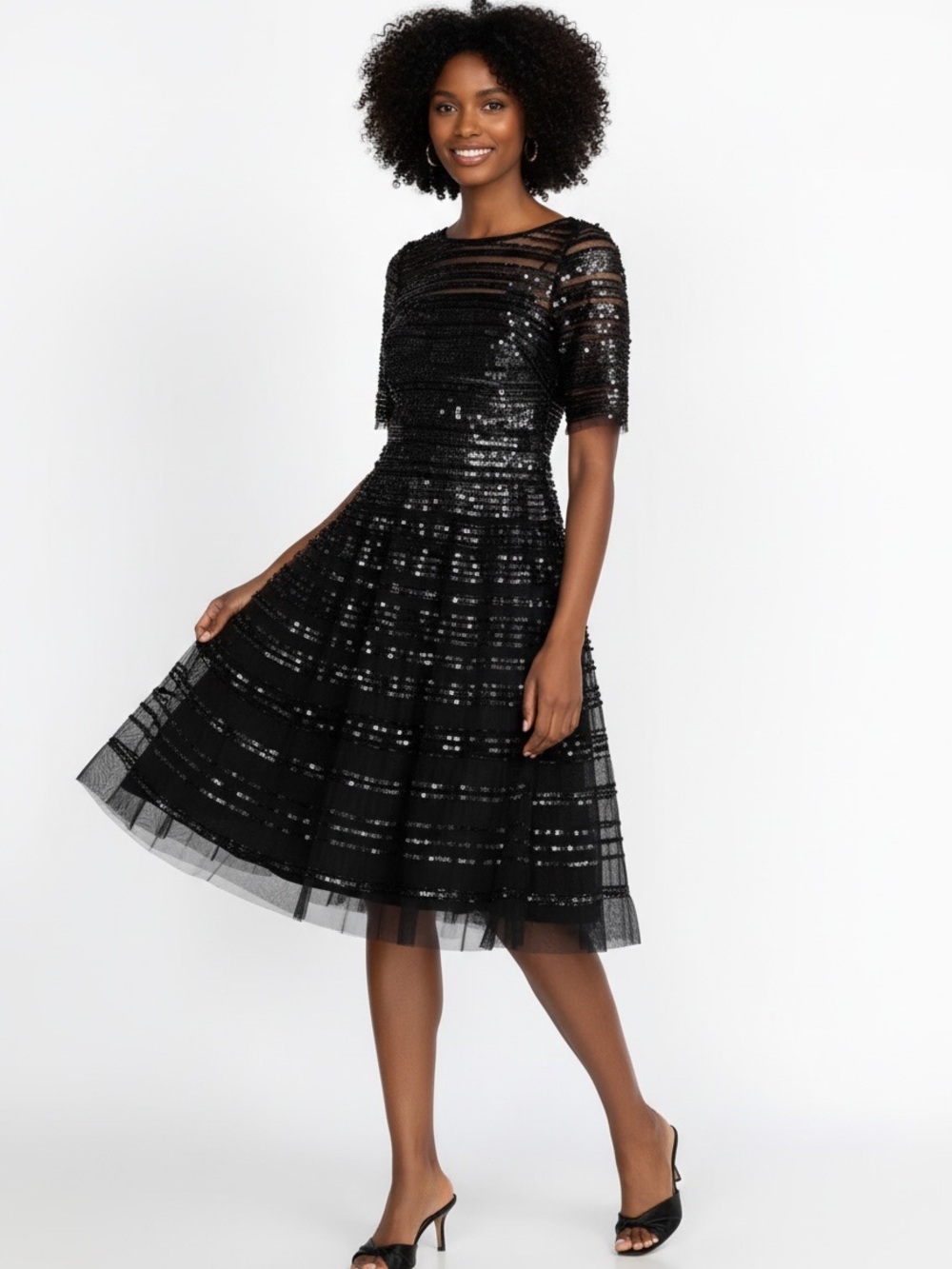 Johnny Was Womens Beaded Mesh A-Line Dress, Black